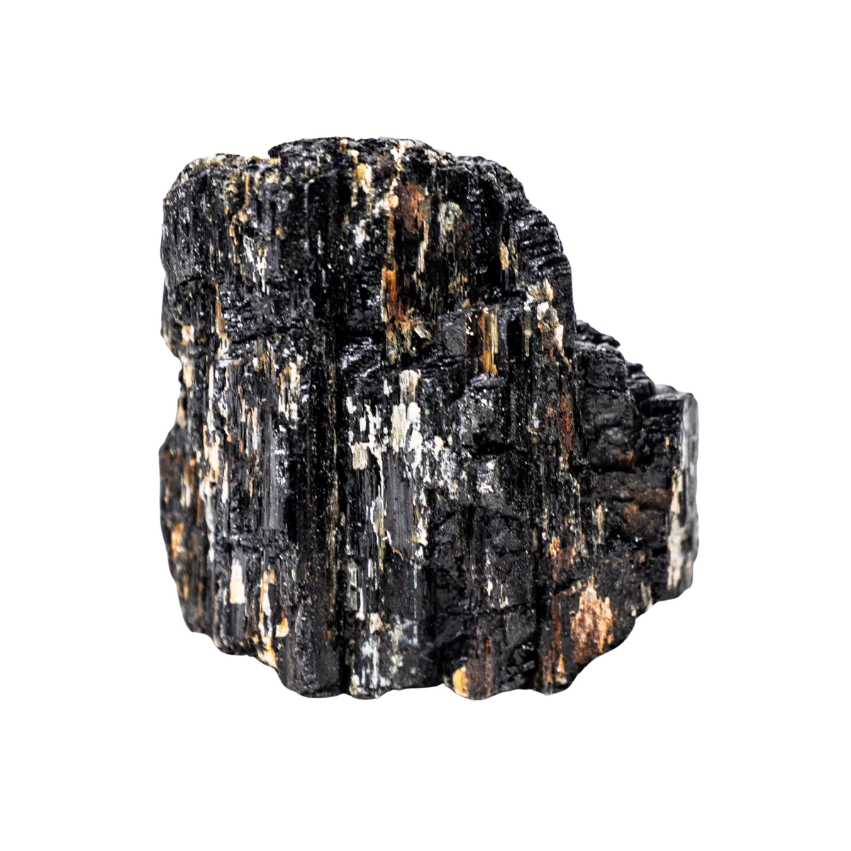 Raw black tourmaline grounding stone placed alongside deep violet amethyst crystal point